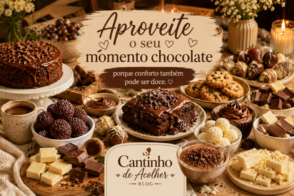 Mesa de chocolates com bolo, brigadeiro, brownie, chocolate branco e sobremesas em arte do Cantinho de Acolher sobre chocolate, cacau e conforto.