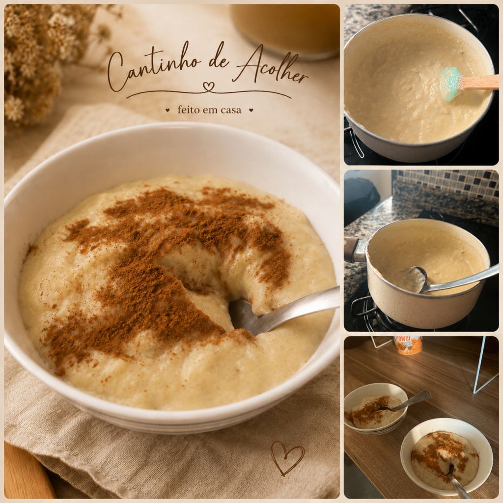Colagem com mingau de aveia com banana feito em casa, mostrando o preparo na panela e o mingau servido com canela, com o nome do blog Cantinho de Acolher.