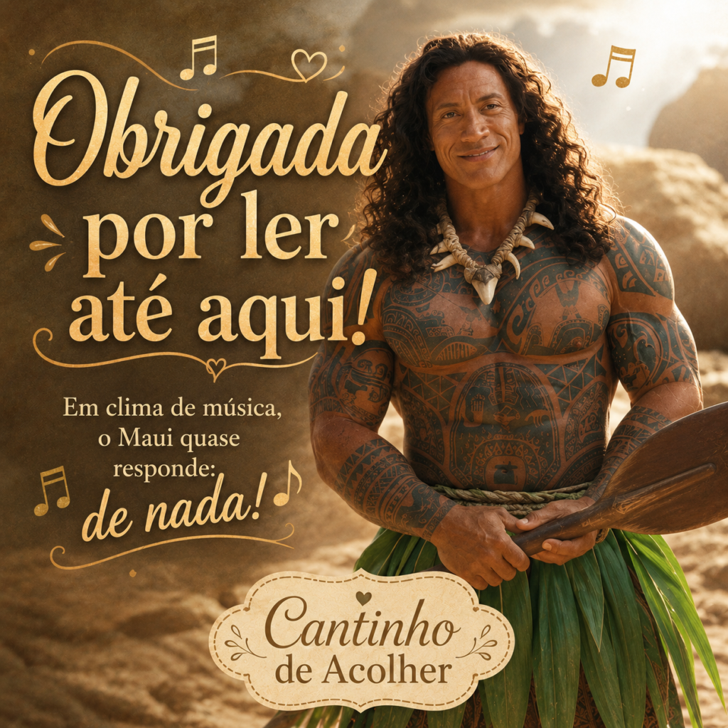 Arte do artigo sobre Moana live-action, com Maui e a frase “Obrigada por ler até aqui”