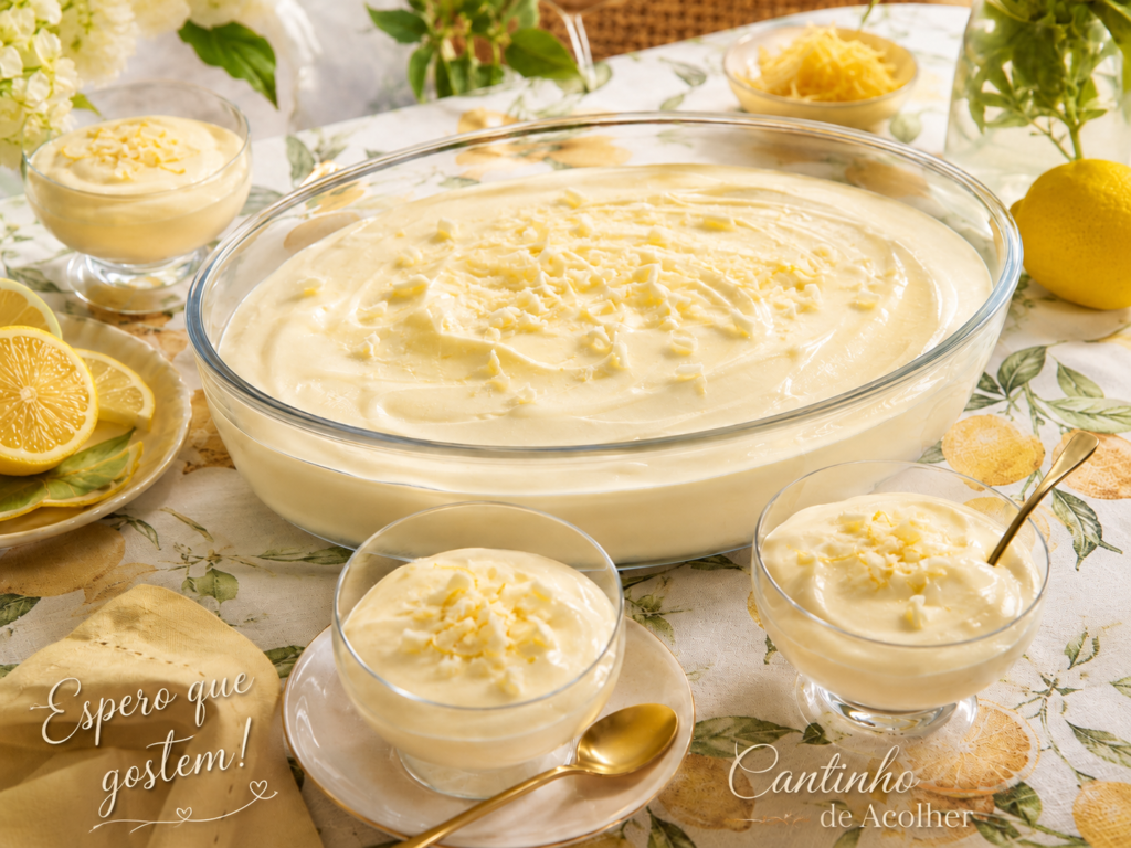 Mousse de limão siciliano com Leite Ninho servido em travessa, com raspas de chocolate branco e porções individuais em taças.