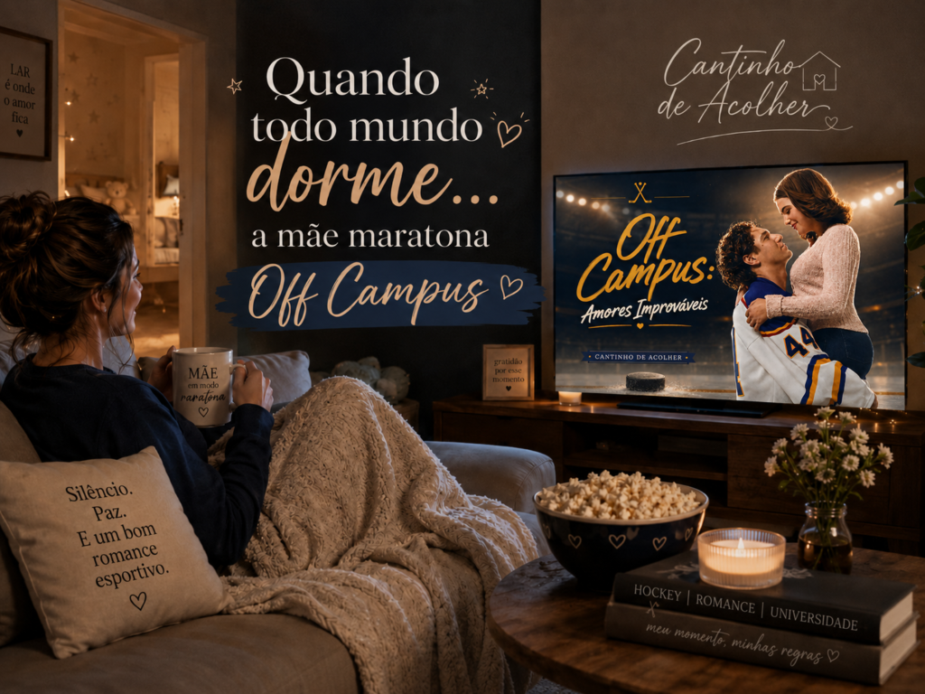 Mãe assistindo Off Campus: Amores Improváveis à noite na sala, depois que todos dormem, em clima de maratona aconchegante.