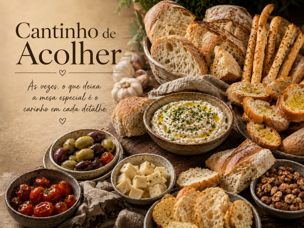 Mesa de petiscos com pastinha de alho assado, pães, torradas, queijos e azeitonas