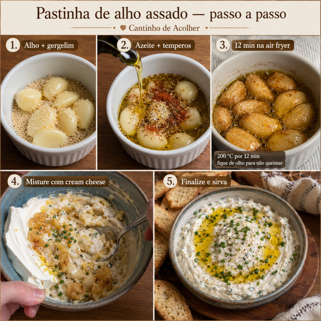 Passo a passo da pastinha de alho assado na air fryer com cream cheese