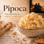 Tigela de pipoca amanteigada em ambiente aconchegante, com a frase “Pipoca: meu alimento de conforto preferido”.