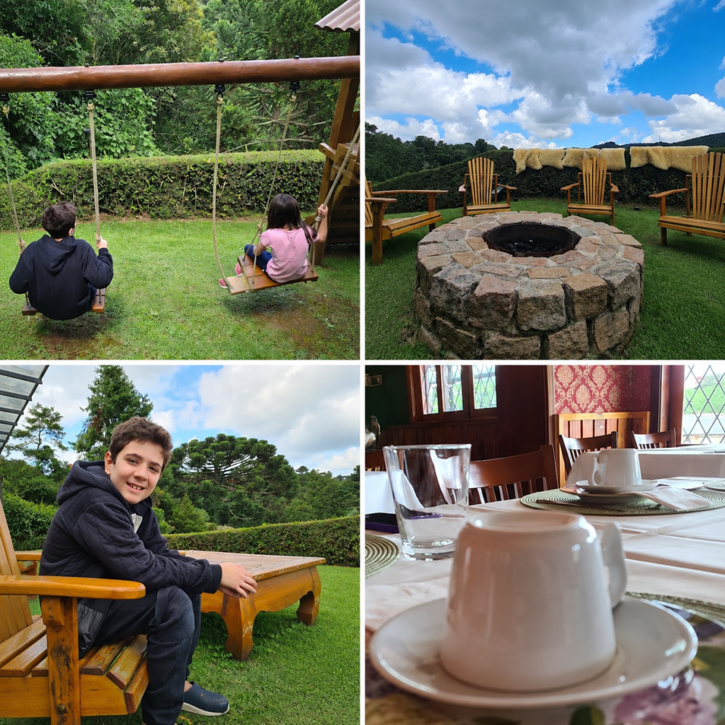 Pousada das Lavandas em Campos do Jordão, com área externa, café da manhã, vista da janela e momentos em família na hospedagem.