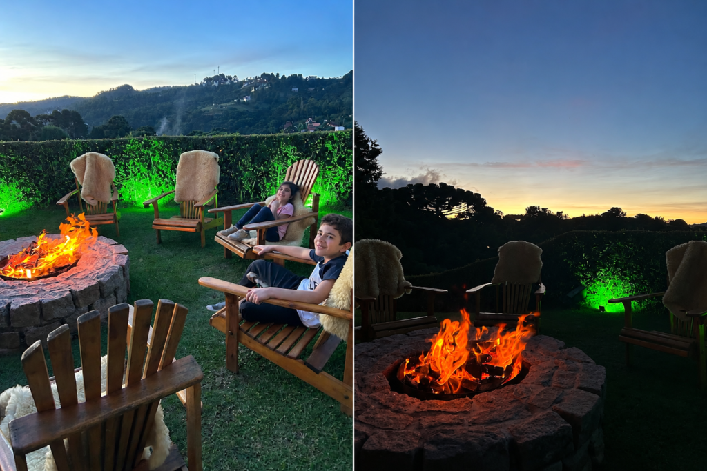Pousada das Lavandas em Campos do Jordão, com área da fogueira ao entardecer e vista para as montanhas durante viagem em família.