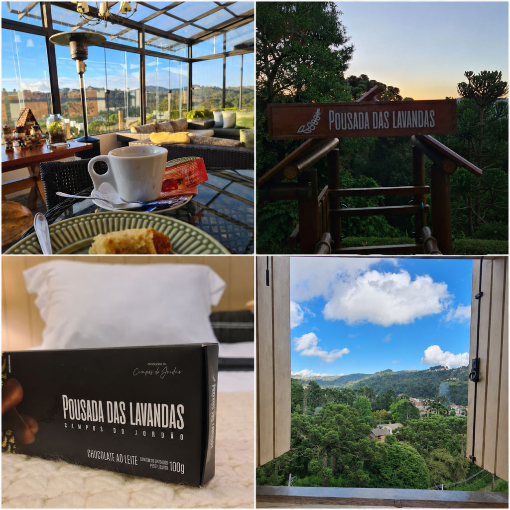 Pousada das Lavandas em Campos do Jordão, com café da manhã, vista da janela, placa da pousada e mimo de chocolate na hospedagem.