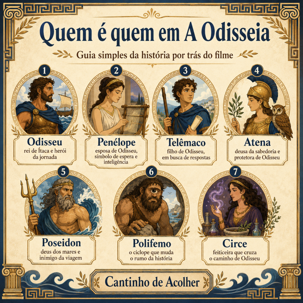 Guia visual com Odisseu, Penélope, Telêmaco, Atena, Poseidon, Polifemo e Circe, acompanhados de uma breve explicação sobre cada personagem de A Odisseia.