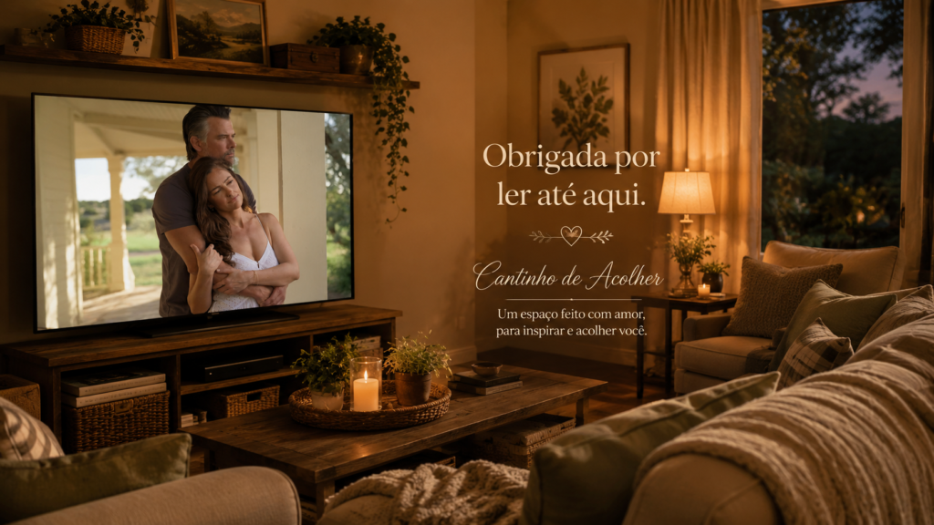 Sala aconchegante com televisão exibindo Staten e Quinn em Ransom Canyon e mensagem de agradecimento do Cantinho de Acolher.