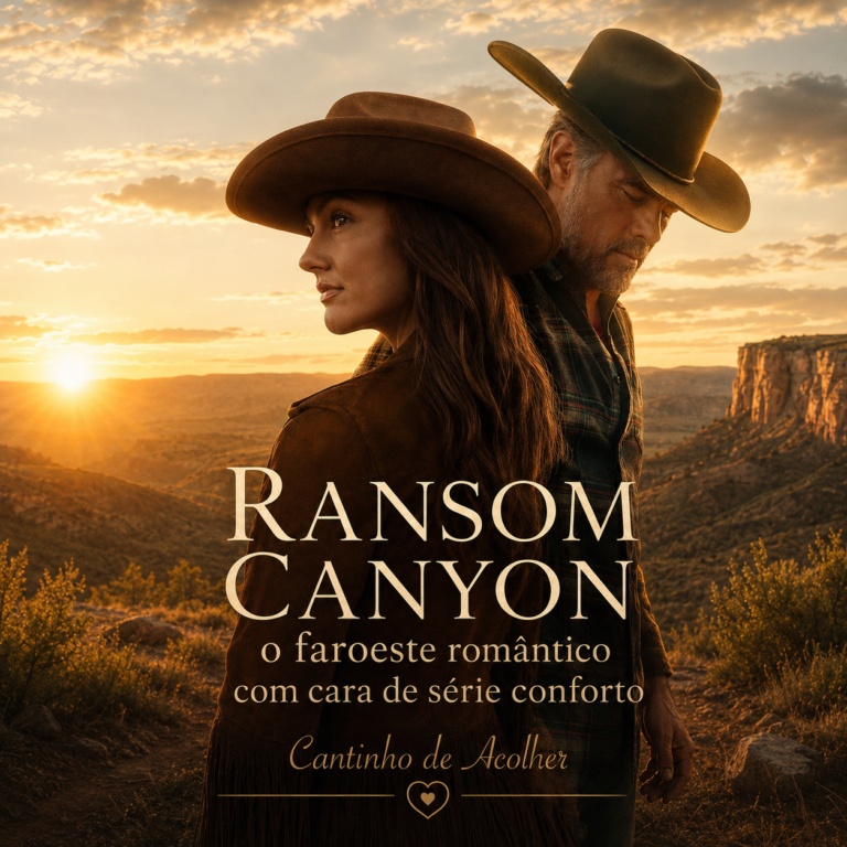 Staten e Quinn em arte de Ransom Canyon, faroeste romântico da Netflix com cenário de canyon ao pôr do sol.