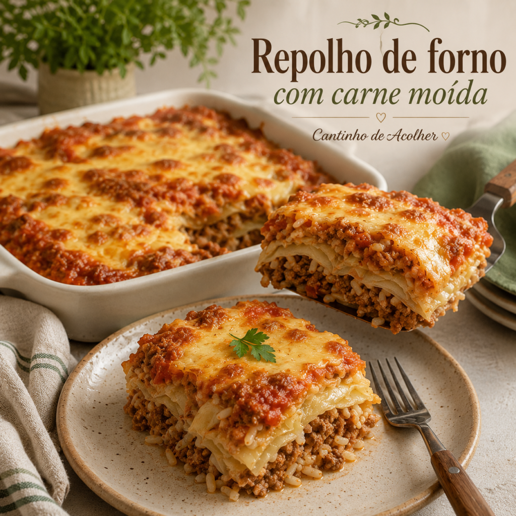 Repolho de forno com carne moída servido no prato, com queijo gratinado e travessa ao fundo