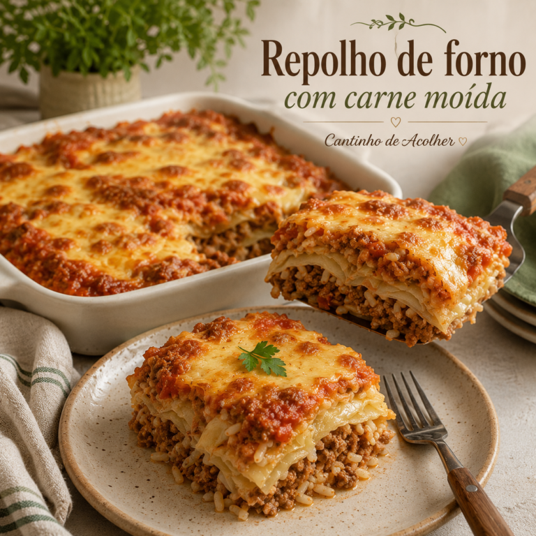 Repolho de forno com carne moída servido no prato, com queijo gratinado e travessa ao fundo
