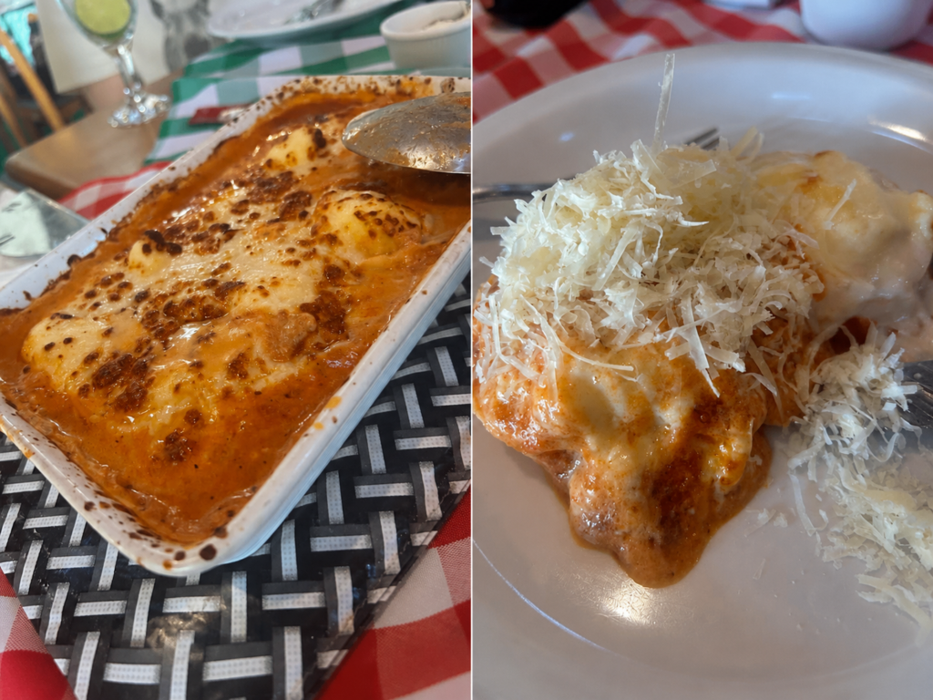 Rondelli de frango com Catupiry servido na Cantina Tia Lina em São Roque, com molho e queijo gratinado.