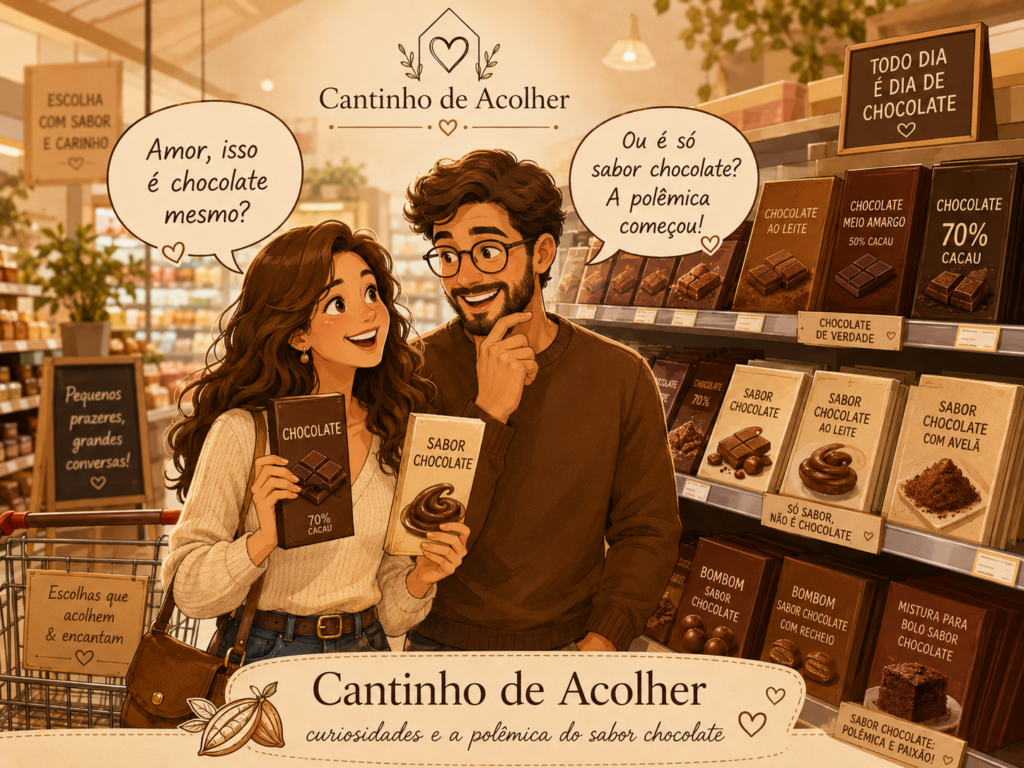Sabor chocolate ou chocolate de verdade? Casal no mercado conversa sobre cacau, rótulos e a polêmica do sabor chocolate no Cantinho de Acolher.