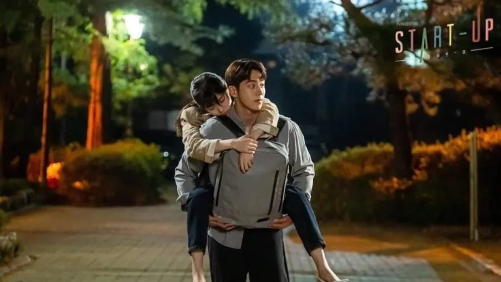 Han Ji-pyeong carrega Seo Dal-mi nas costas em cena do dorama Apostando Alto.
