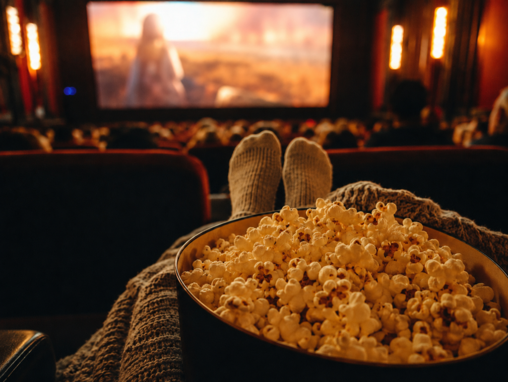Tigela de pipoca em primeiro plano durante uma sessão de cinema, com a tela iluminada ao fundo.