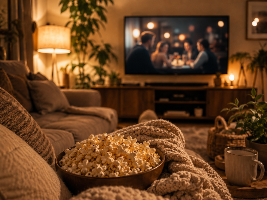 Sala aconchegante preparada para uma sessão de cinema em casa, com tigela de pipoca, manta e televisão ao fundo.