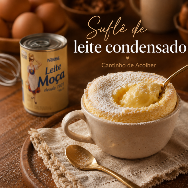 Suflê de leite condensado em ramequim, com colher e lata de Leite Moça ao lado