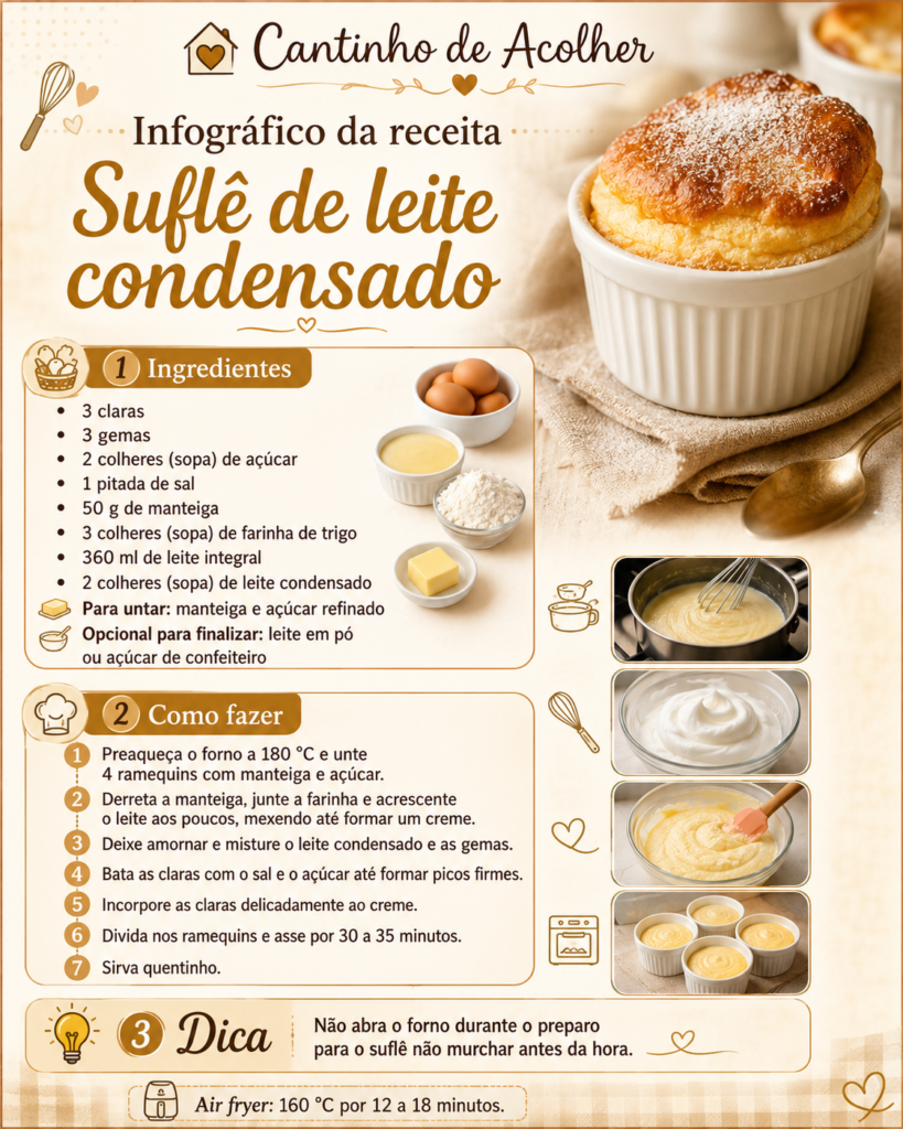 Infográfico da receita de suflê de leite condensado com ingredientes e passo a passo
