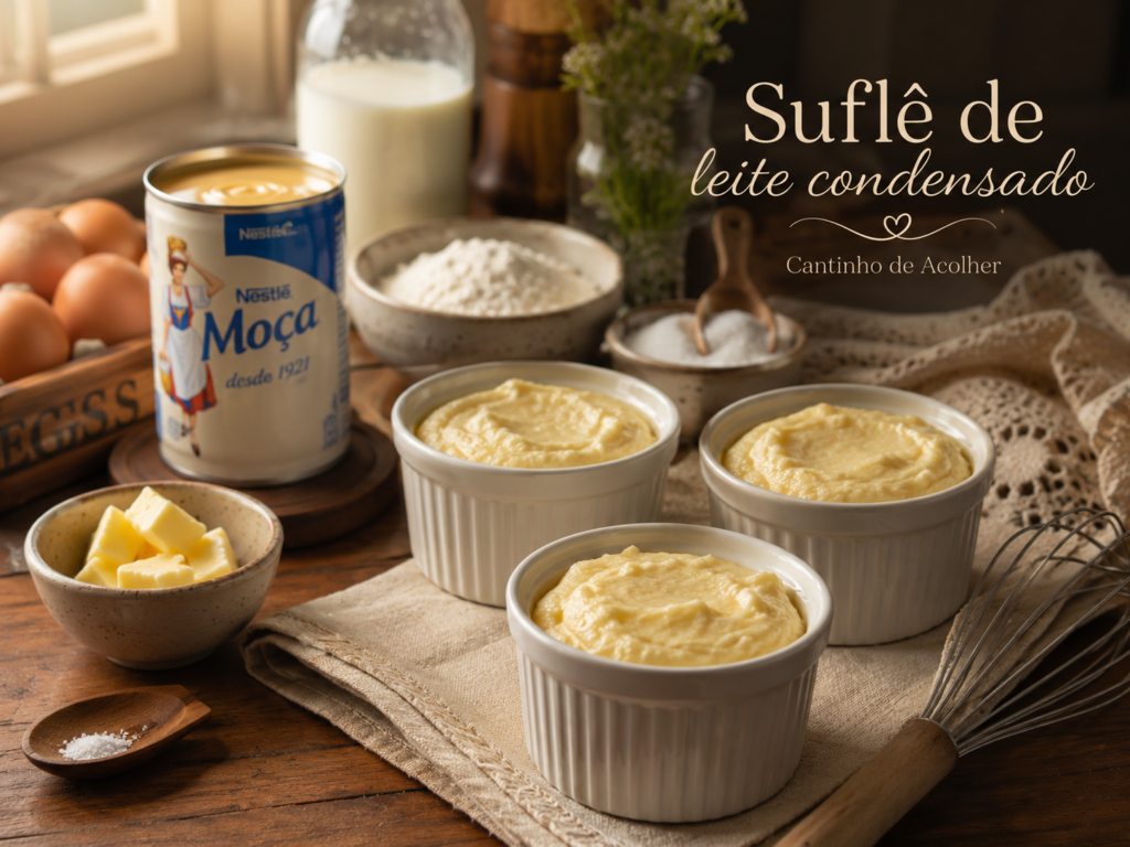Ingredientes do suflê de leite condensado e massa crua distribuída em ramequins