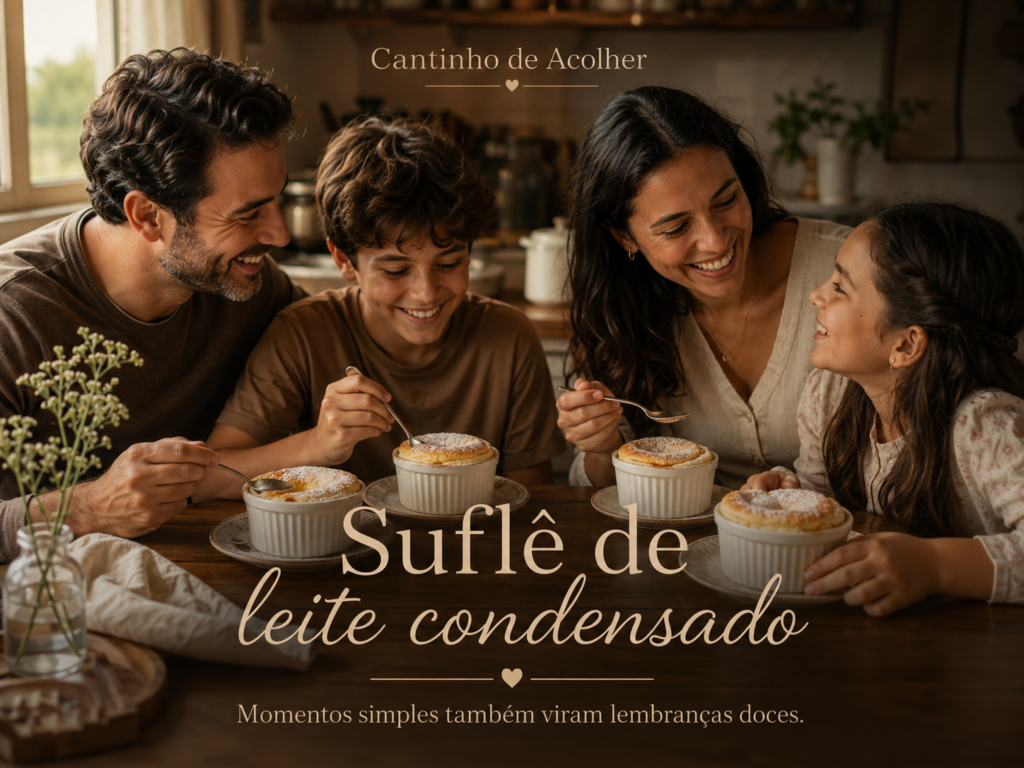Família reunida à mesa saboreando suflê de leite condensado em ramequins