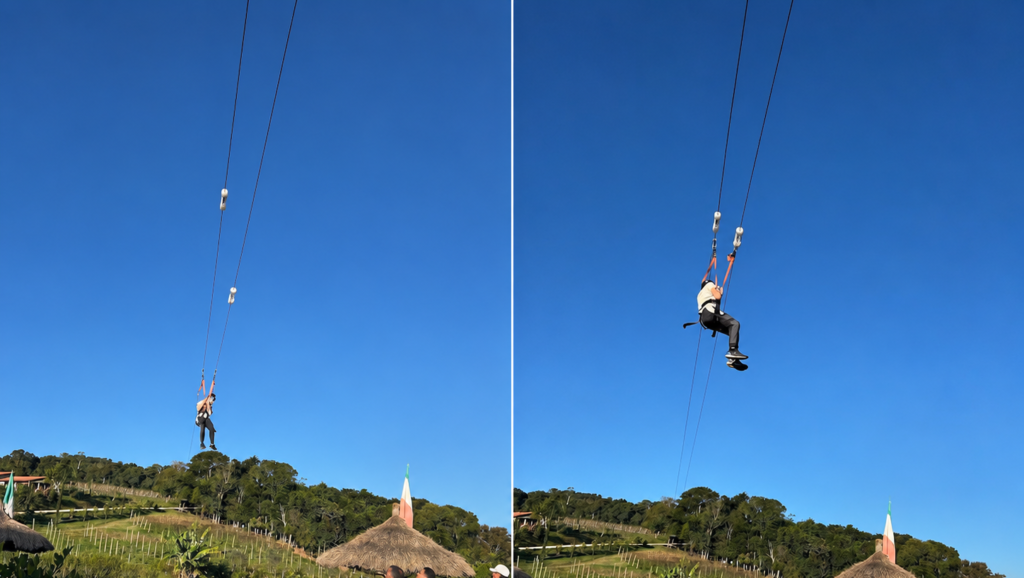 Crianças na tirolesa da Cantina Tia Lina em São Roque, uma das atividades da área de lazer.