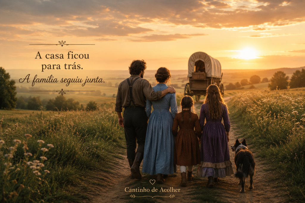 Família Ingalls seguindo unida em direção à carroça ao pôr do sol, após deixar a casa na pradaria.