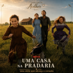 Família Ingalls correndo pela pradaria na série Uma Casa na Pradaria, da Netflix.