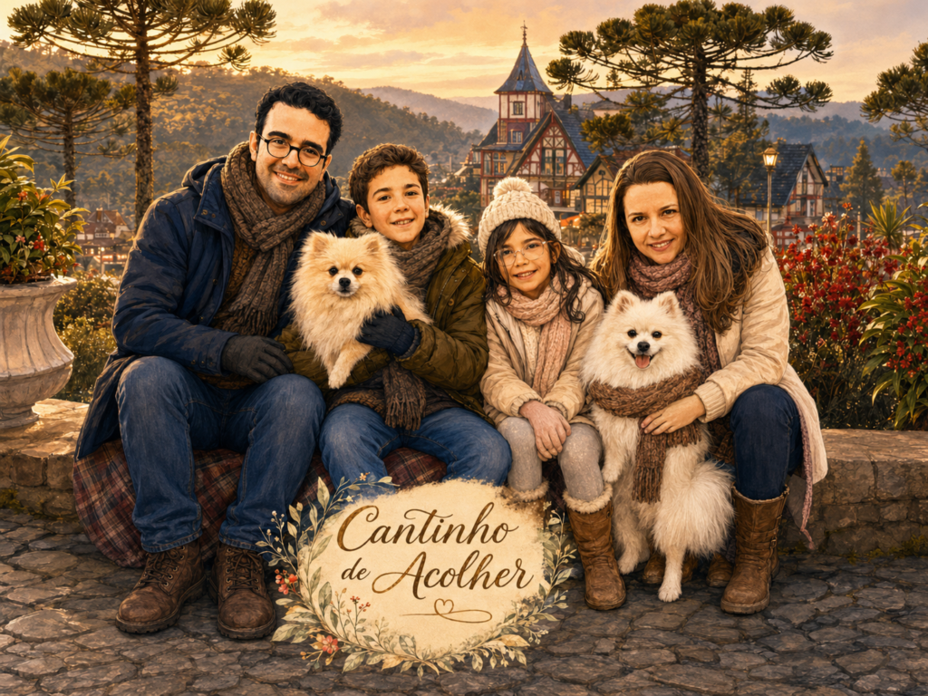 Viagem em família para Campos do Jordão, com crianças, cachorro e clima acolhedor de montanha em arte ilustrativa.