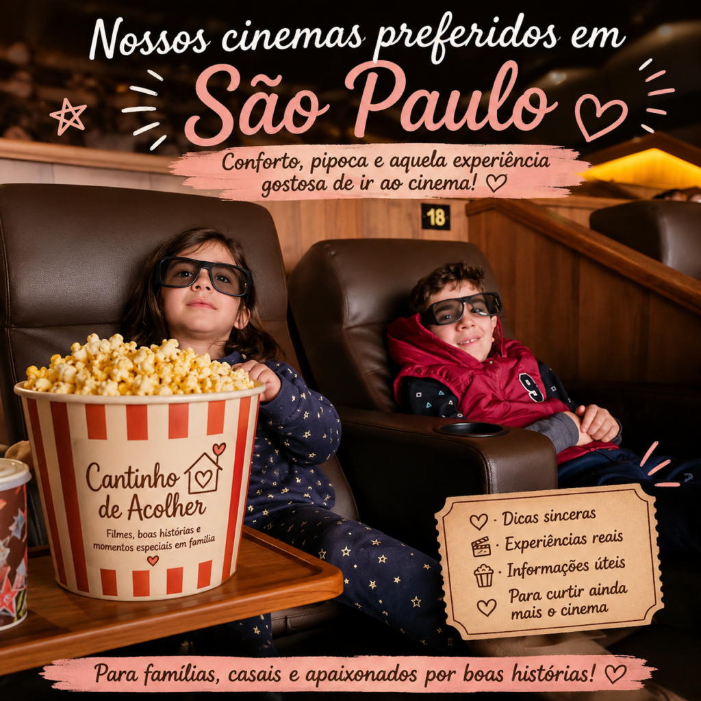 Arte sobre nossos cinemas preferidos em São Paulo, com crianças em poltronas de cinema e balde de pipoca do Cantinho de Acolher