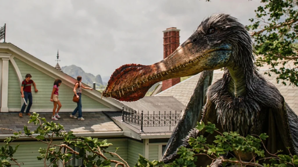 Dinossauro com penas em cena do filme O Fim da Rua no meio do bairro.