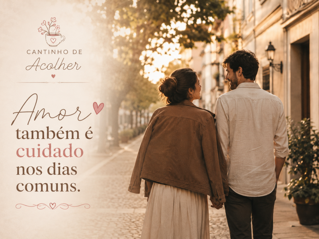 Casal caminhando junto, com a mulher usando o casaco do companheiro sobre os ombros, em uma cena de carinho e cuidado.