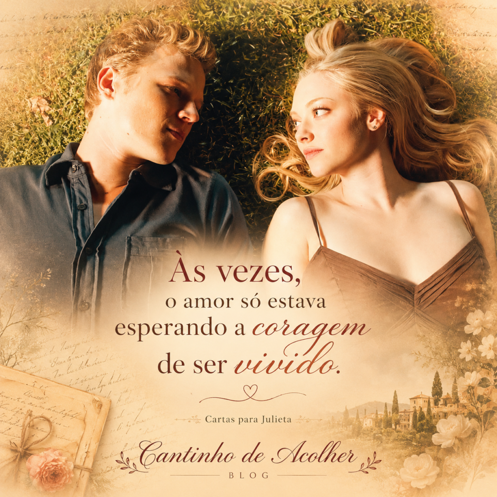 Arte inspirada em Cartas para Julieta com Sophie e Charlie deitados na grama e se olhando, acompanhada da frase “Às vezes, o amor só estava esperando a coragem de ser vivido”.