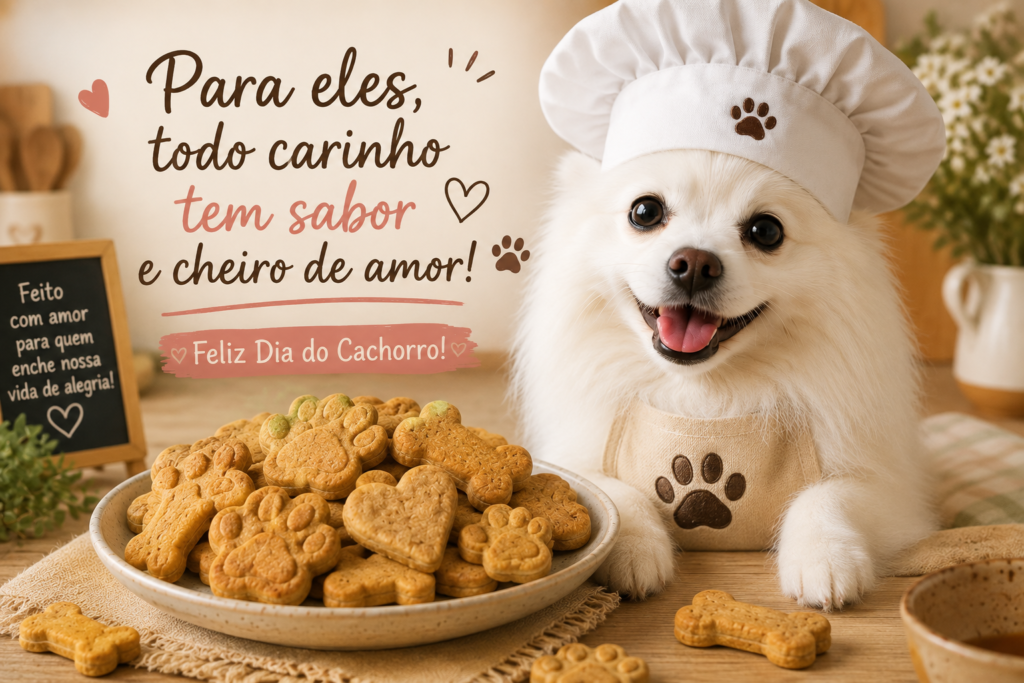 Spitz alemão branco com chapéu de chef ao lado de biscoitos caseiros para cachorro de banana e abóbora