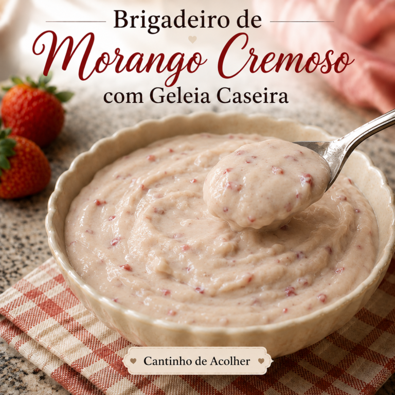 Brigadeiro de morango cremoso com geleia caseira de morangos, servido em uma tigela.