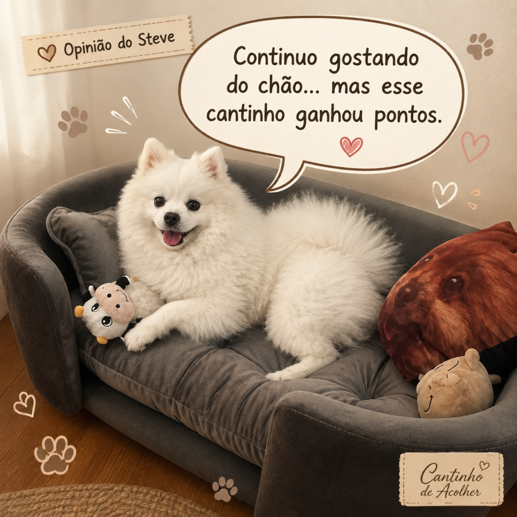 Steve, Spitz Alemão que prefere dormir no chão, descansando em uma cama sofá para cachorro