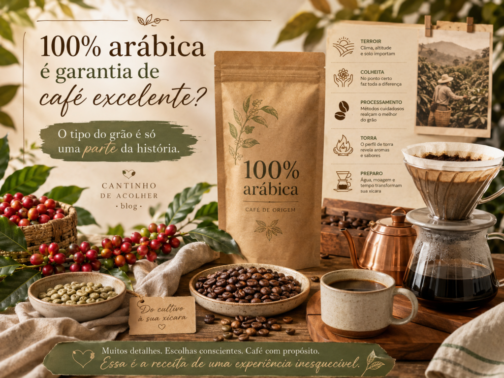 Café 100% arábica com grãos, frutos do cafeeiro e preparo, mostrando que a espécie do grão não determina sozinha a qualidade do café.