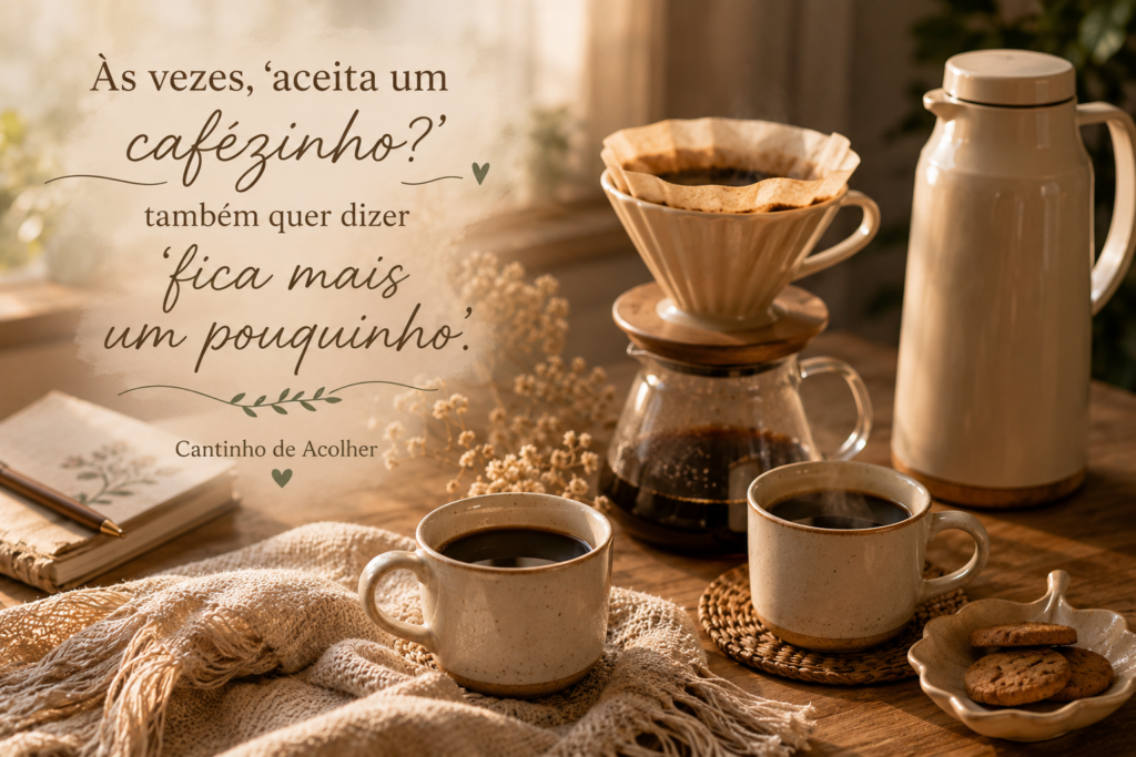 Mesa aconchegante com duas xícaras de café, coador e garrafa térmica, representando café, afeto, memória e momentos de pausa.