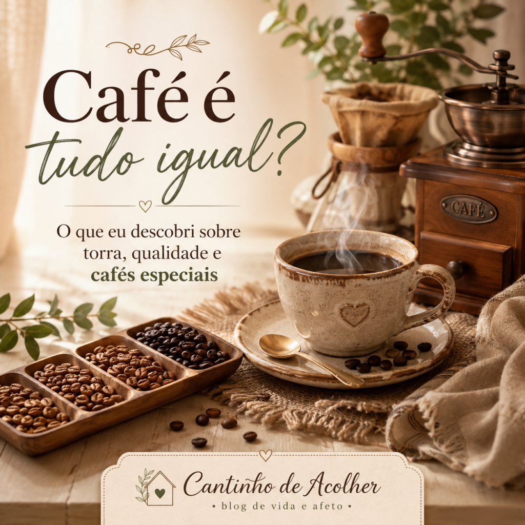 Arte de capa do artigo “Café é tudo igual?”, com xícara de café, grãos e diferentes torras, sobre qualidade e cafés especiais.