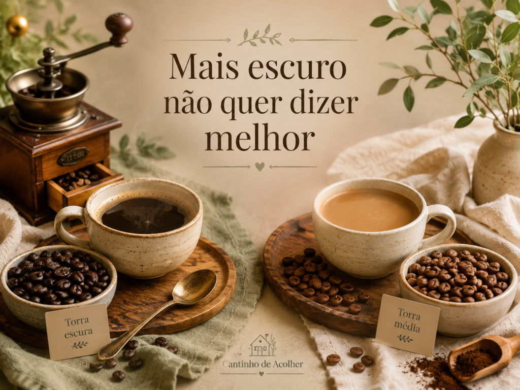 Comparação entre café de torra escura e torra média, mostrando que um café mais escuro não significa necessariamente maior qualidade.