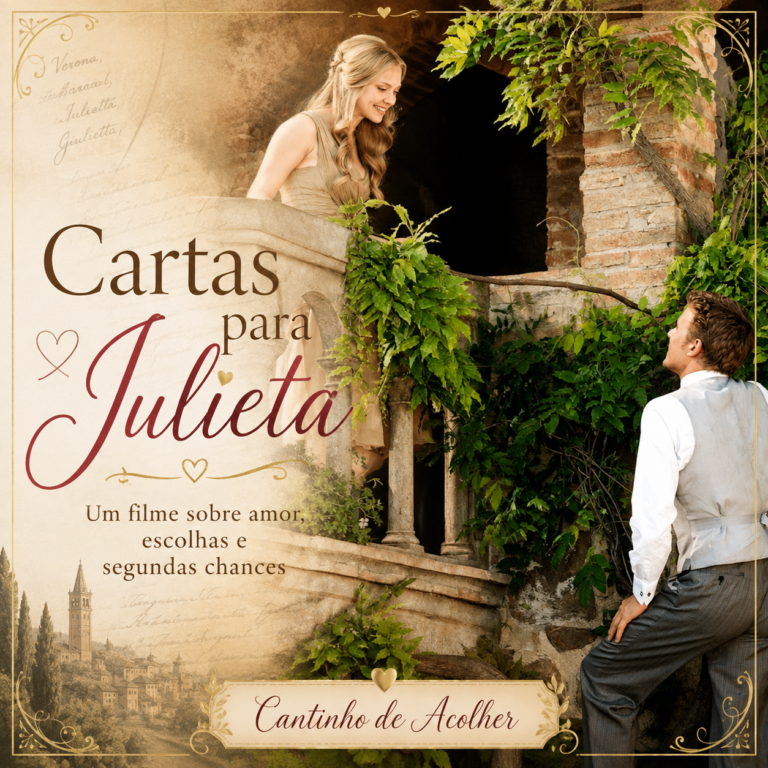 Cena romântica de Cartas para Julieta com Sophie na varanda e Charlie olhando para ela, em uma arte do Cantinho de Acolher.
