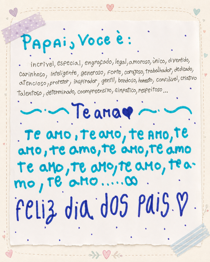 Cartinha escrita à mão por Amanda para o pai no Dia dos Pais, com palavras de carinho, qualidades que ela admira nele e muitos “te amo”.