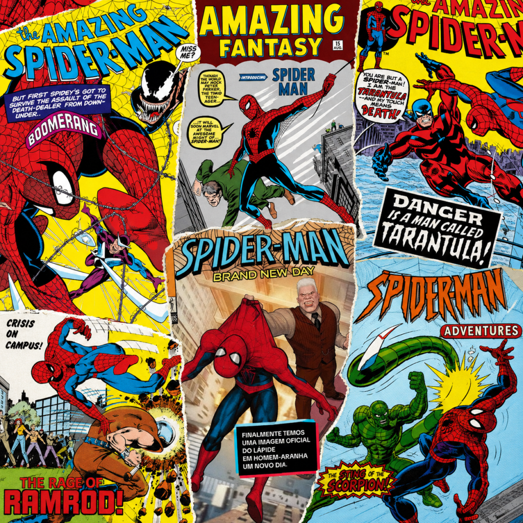 Colagem de capas clássicas dos quadrinhos do Homem-Aranha homenageadas em Homem-Aranha: Um Novo Dia