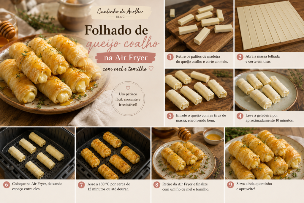 Passo a passo de como fazer folhado de queijo coalho na Air Fryer com massa folhada, queijo coalho, ovo, mel e tomilho