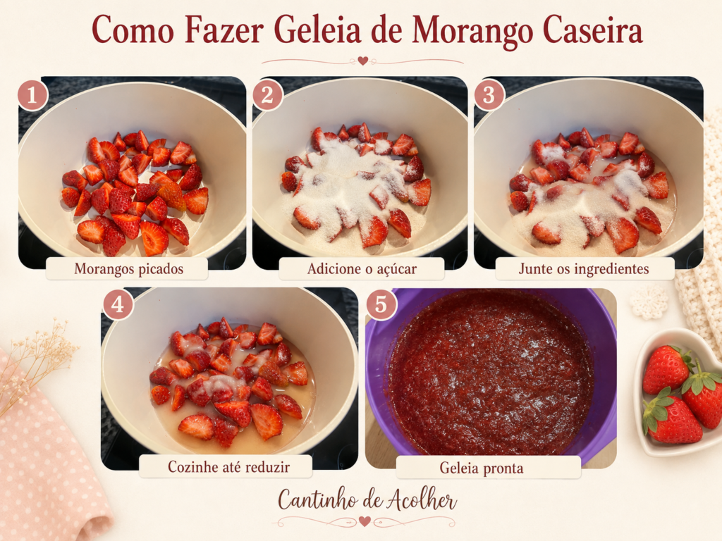 Como fazer geleia de morango caseira com morangos, açúcar, limão e água.