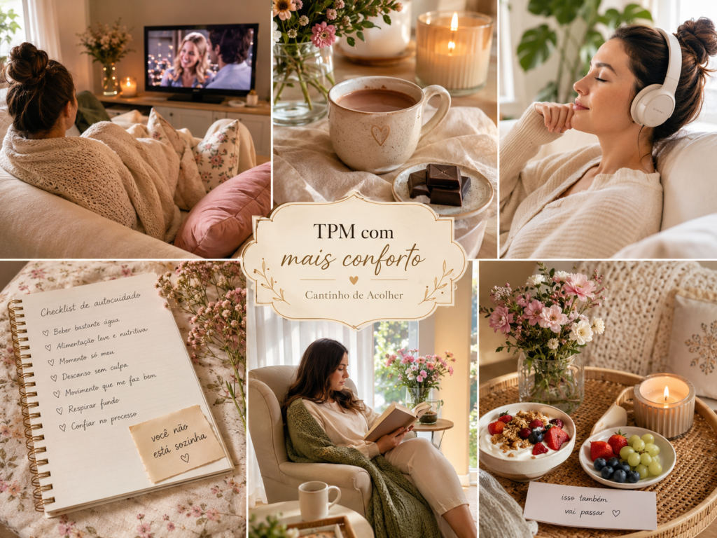 Colagem com mulher descansando, chá, chocolate, música e autocuidado com dicas para passar pela TPM com mais conforto.
