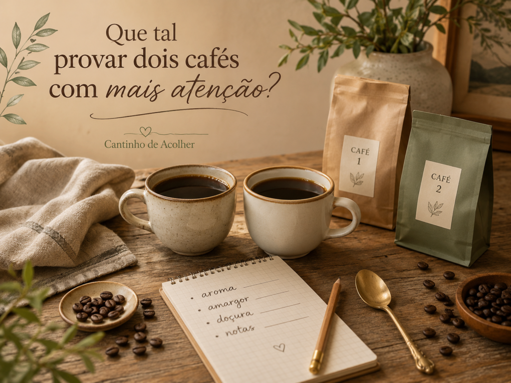 Duas xícaras de café lado a lado com anotações sobre aroma, amargor, doçura e notas, ilustrando uma comparação simples entre cafés.