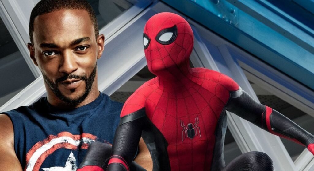Anthony Mackie como Capitão América ao lado do Homem-Aranha