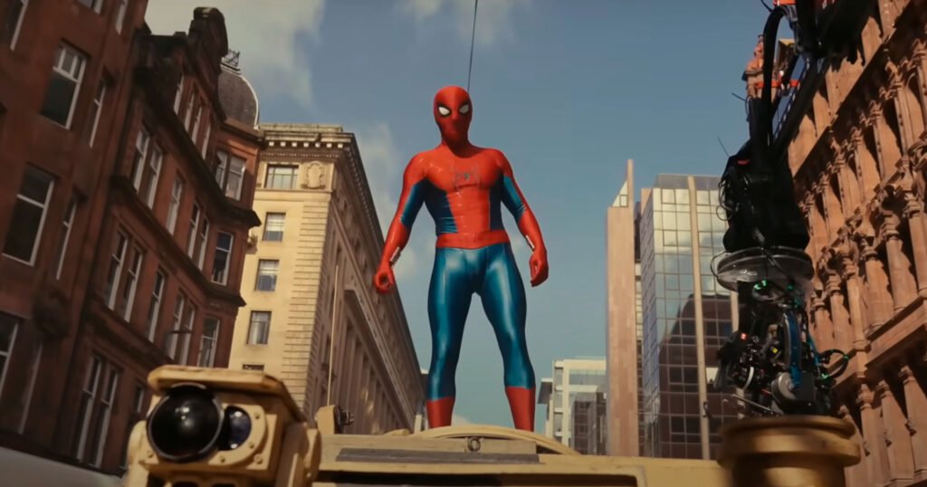 Homem-Aranha durante as filmagens de Homem-Aranha: Um Novo Dia em Nova York