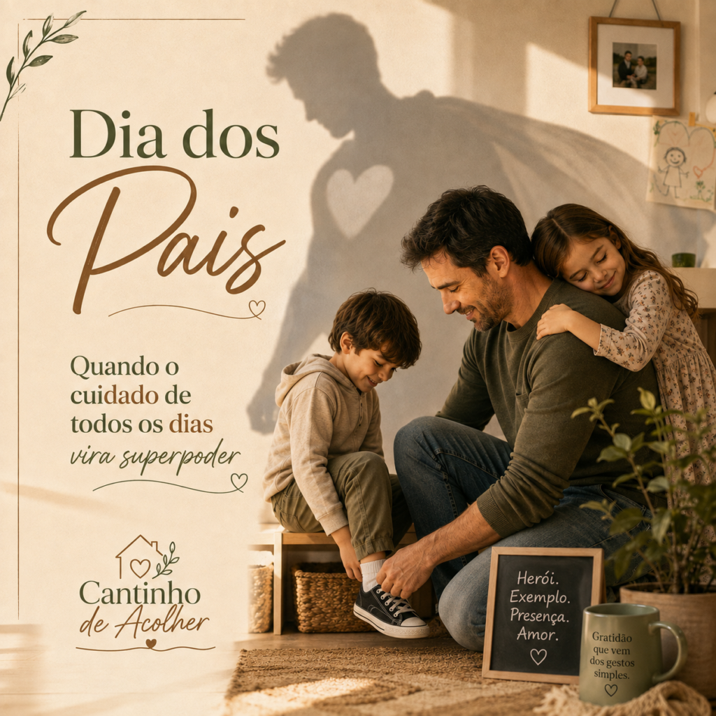 Pai ajudando o filho a calçar o tênis enquanto a filha o abraça, com sua sombra representada como um super-herói em uma homenagem de Dia dos Pais.